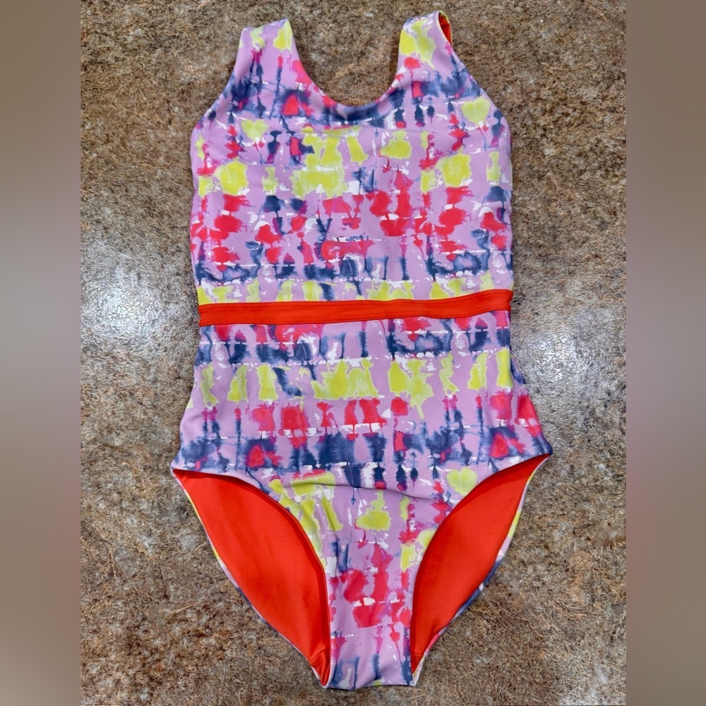 Zella Girl’s Reversible One-Piece Swimsuit UPF 50+ Orange Tie Dye Size Medium